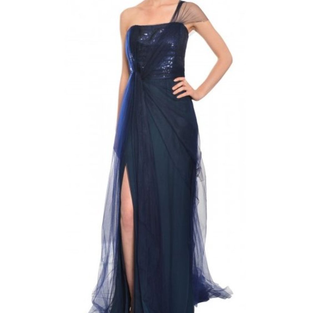 Angel Sanchez Navy One Shoulder Silk Tulle Gown